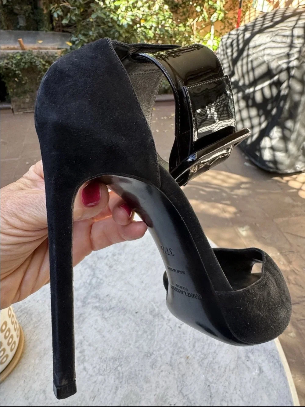 Saint Laurent Black Suede Peep-Toe Stiletto Heels with Patent Ankle Buckle - Picture 4 of 6